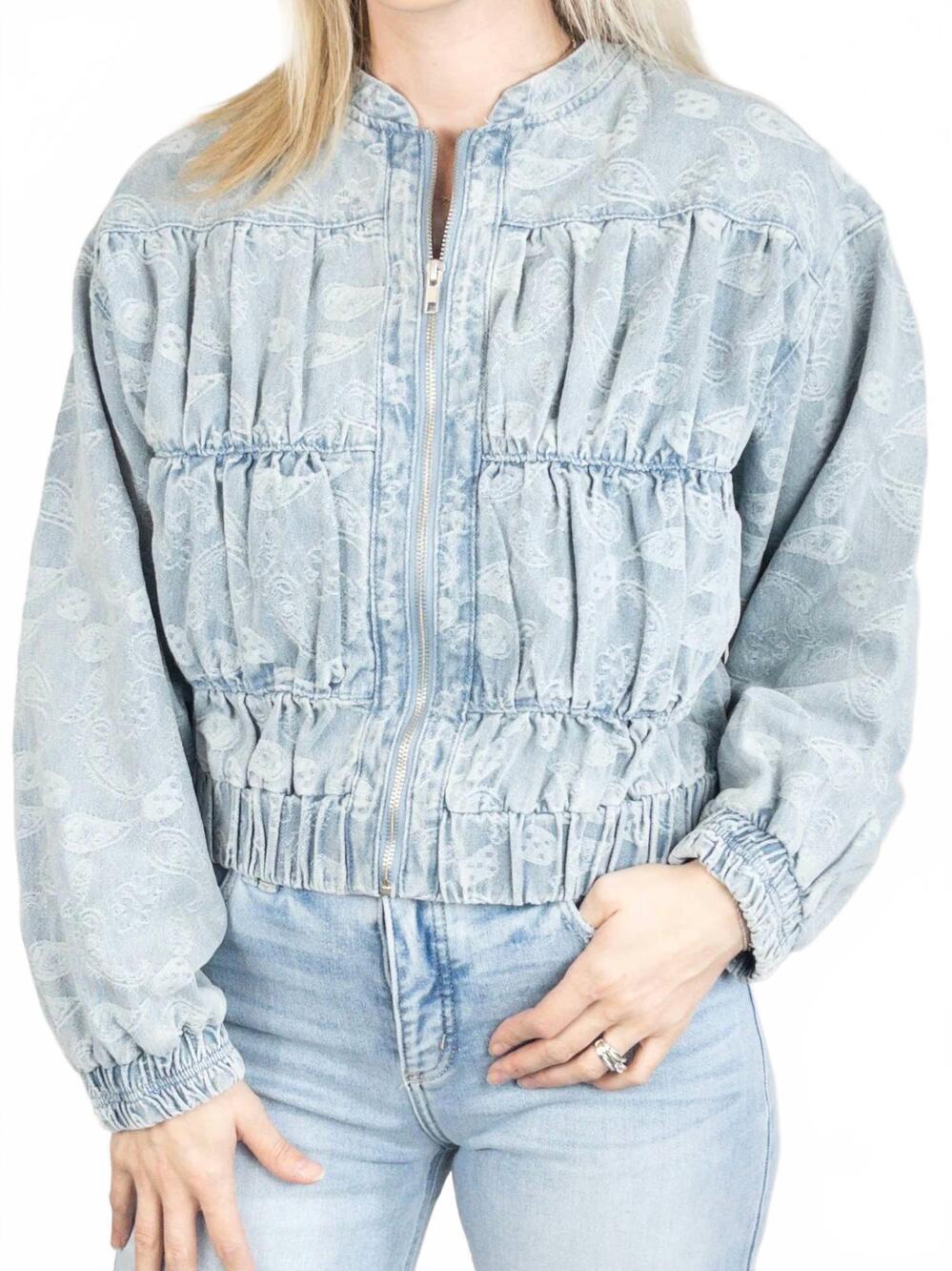 NEW MYSTREE paisley ruched denim bomber jacket in light blue